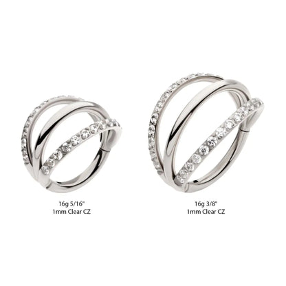 Titanium Triple Hoop with CNC Set 1mm Eternity Gem in 2 Alternate Hoops Side Facing Hinged Segment Clicker