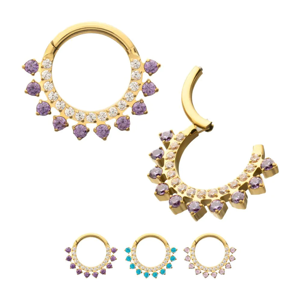 24Kt Gold PVD Titanium Double Row CZ Multi-Gem with Clear CNC Set Inner Gem Front Facing Hinged Segment Clicker