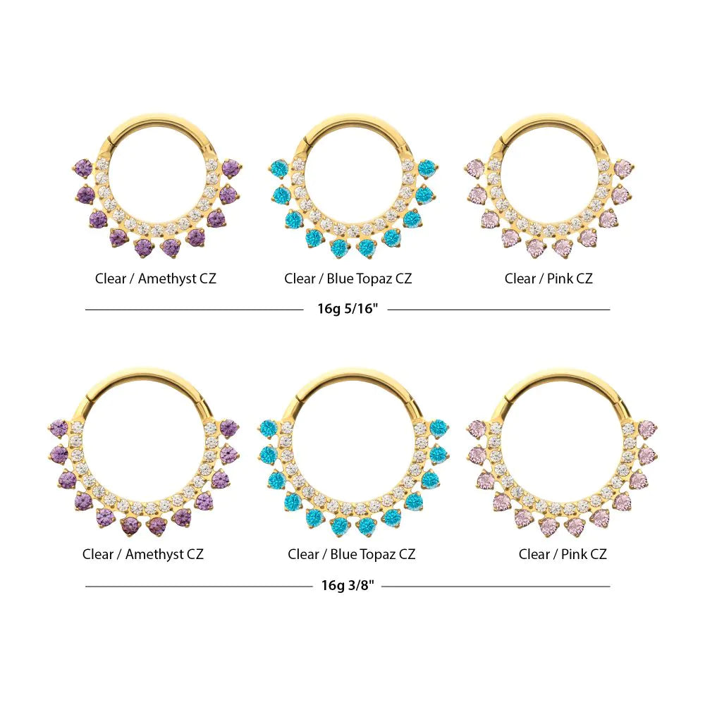 24Kt Gold PVD Titanium Double Row CZ Multi-Gem with Clear CNC Set Inner Gem Front Facing Hinged Segment Clicker