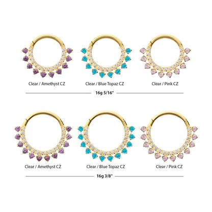 24Kt Gold PVD Titanium Double Row CZ Multi-Gem with Clear CNC Set Inner Gem Front Facing Hinged Segment Clicker