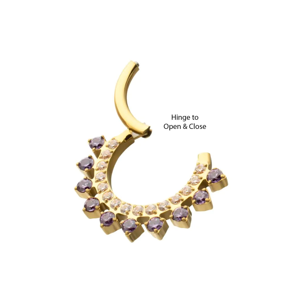 24Kt Gold PVD Titanium Double Row CZ Multi-Gem with Clear CNC Set Inner Gem Front Facing Hinged Segment Clicker