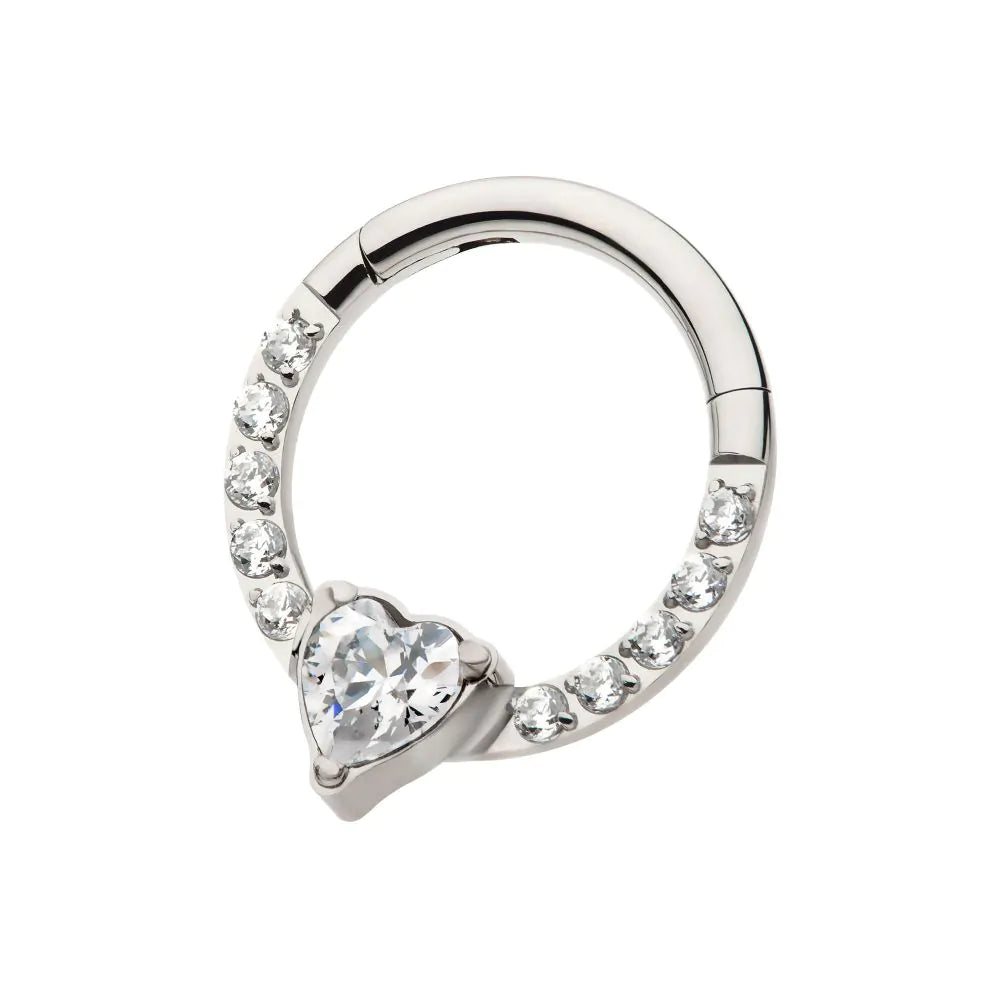 Titanium with 1mm CNC Set Full Clear CZ & Big Heart CZ Front Facing Hinged Segment Clicker