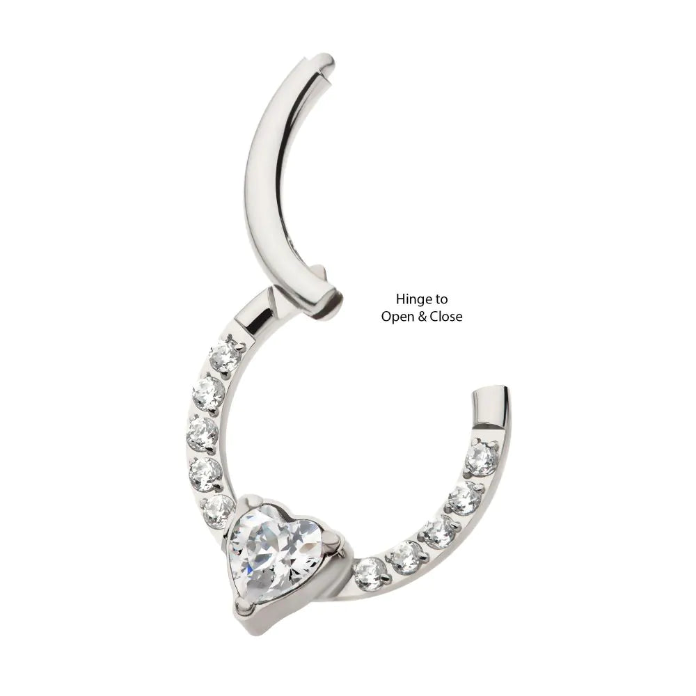 Titanium with 1mm CNC Set Full Clear CZ & Big Heart CZ Front Facing Hinged Segment Clicker