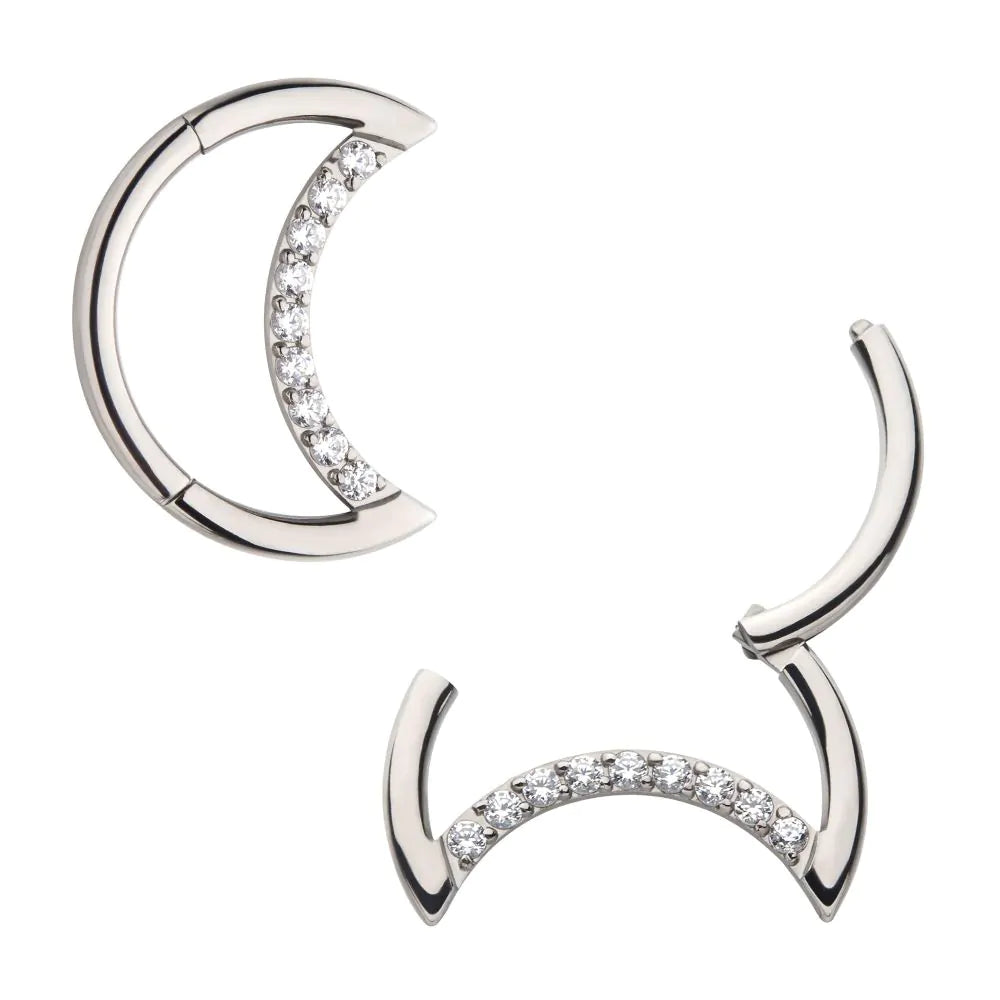 Titanium Crescent Moon with CZ Front Facing Hinged Segment Clicker