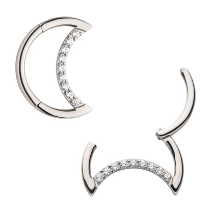 Titanium Crescent Moon with CZ Front Facing Hinged Segment Clicker