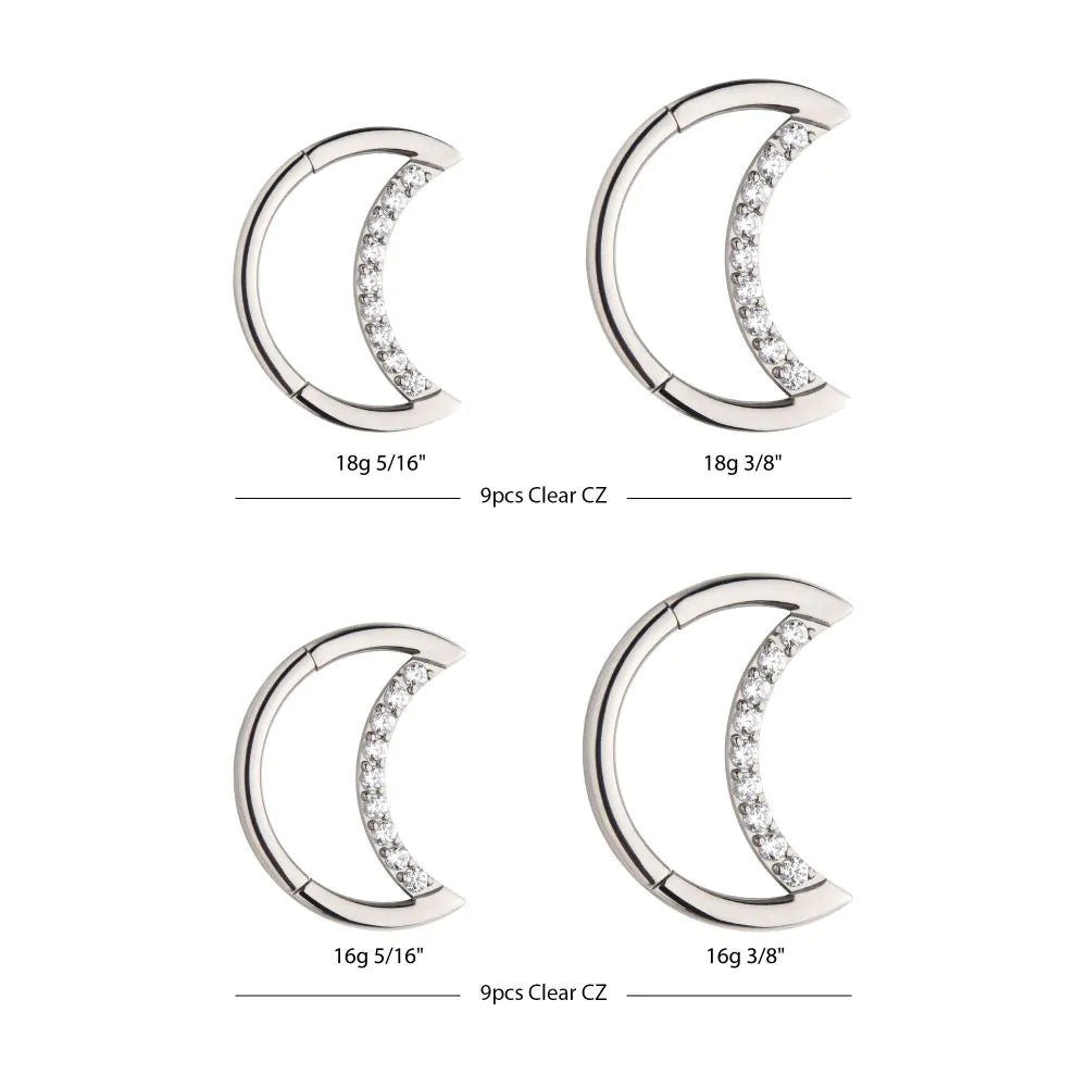 Titanium Crescent Moon with CZ Front Facing Hinged Segment Clicker