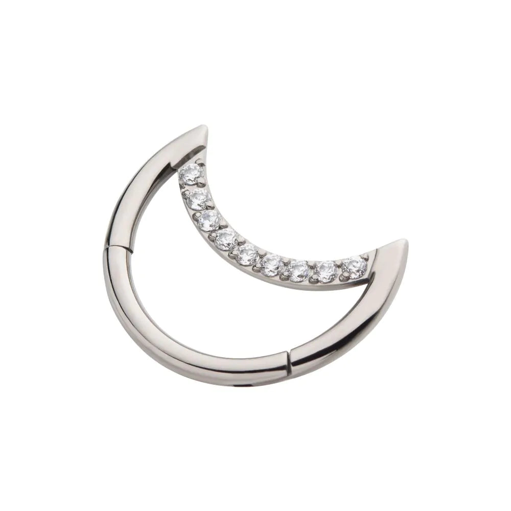 Titanium Crescent Moon with CZ Front Facing Hinged Segment Clicker