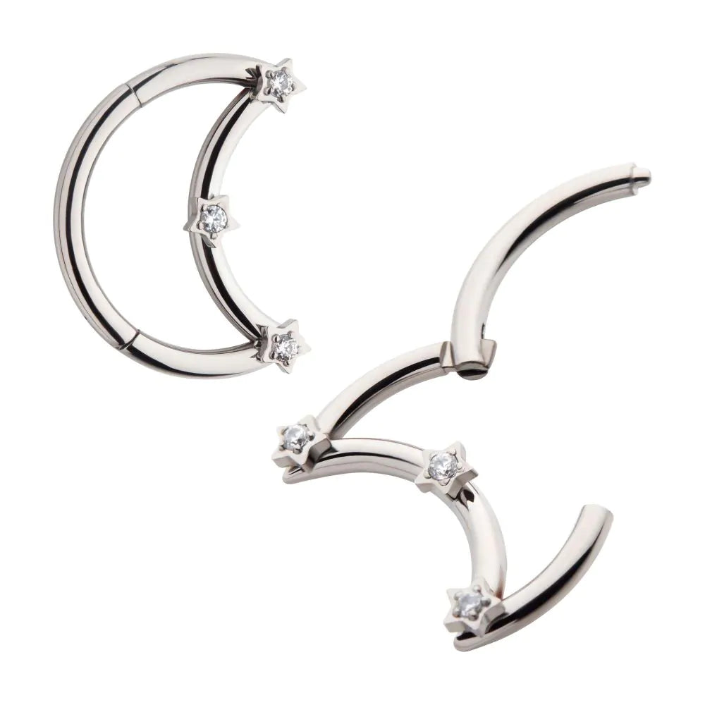 Titanium Crescent Moon with Triple Point Star CZ Front Facing Hinged Segment Clicker