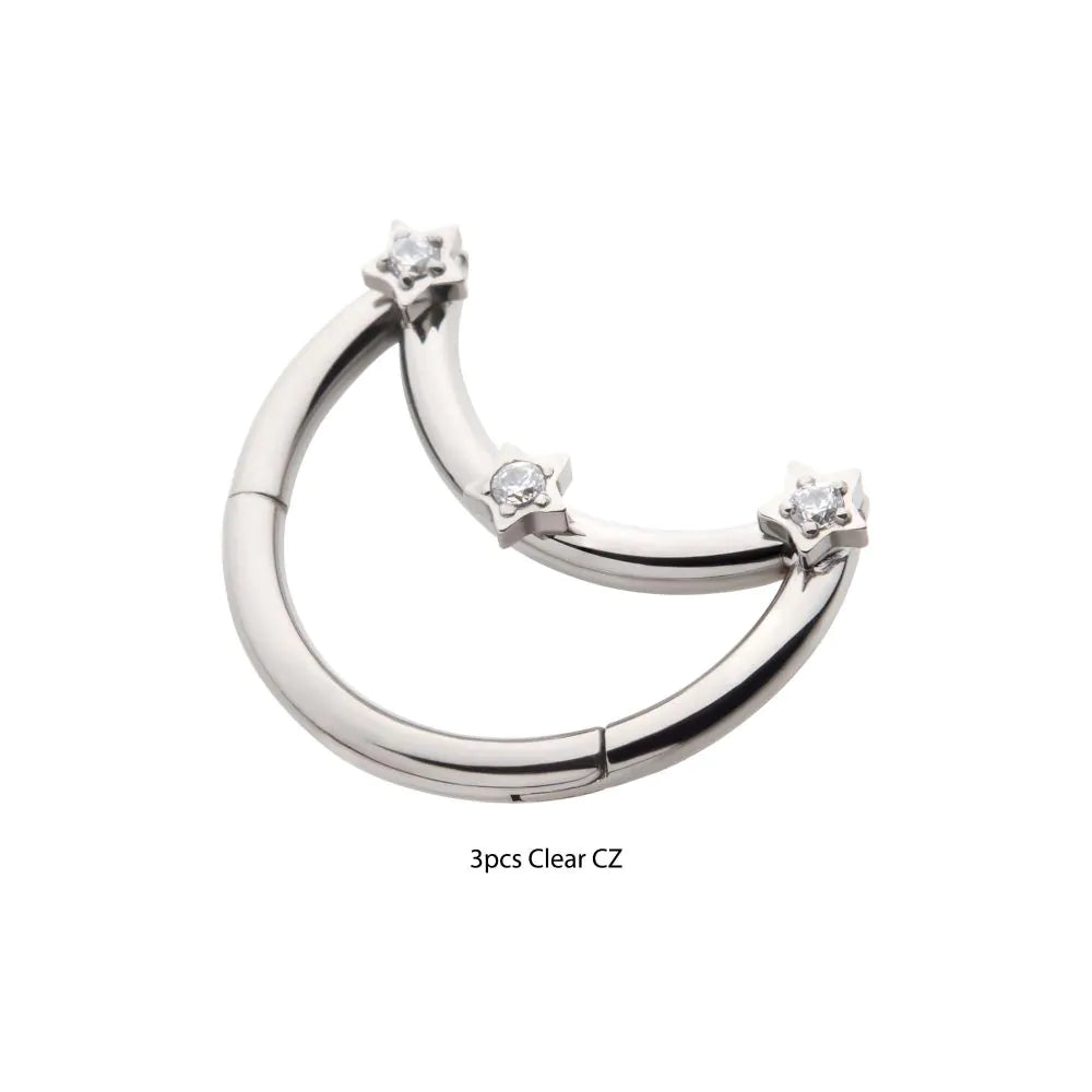 Titanium Crescent Moon with Triple Point Star CZ Front Facing Hinged Segment Clicker