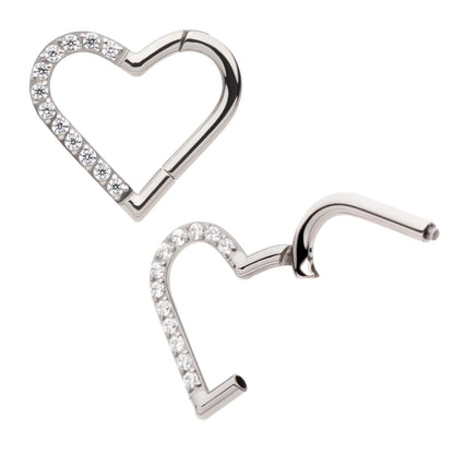 Titanium CNC Set Gem Heart Front Facing Hinged Segment Clicker (For Right Ear)