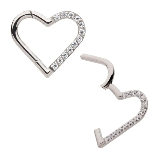 Titanium CNC Set Gem Heart Front Facing Hinged Segment Clicker (For Left Ear)