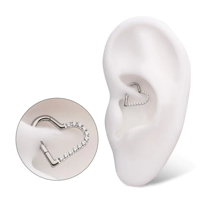 Titanium CNC Set Gem Heart Front Facing Hinged Segment Clicker (For Left Ear)