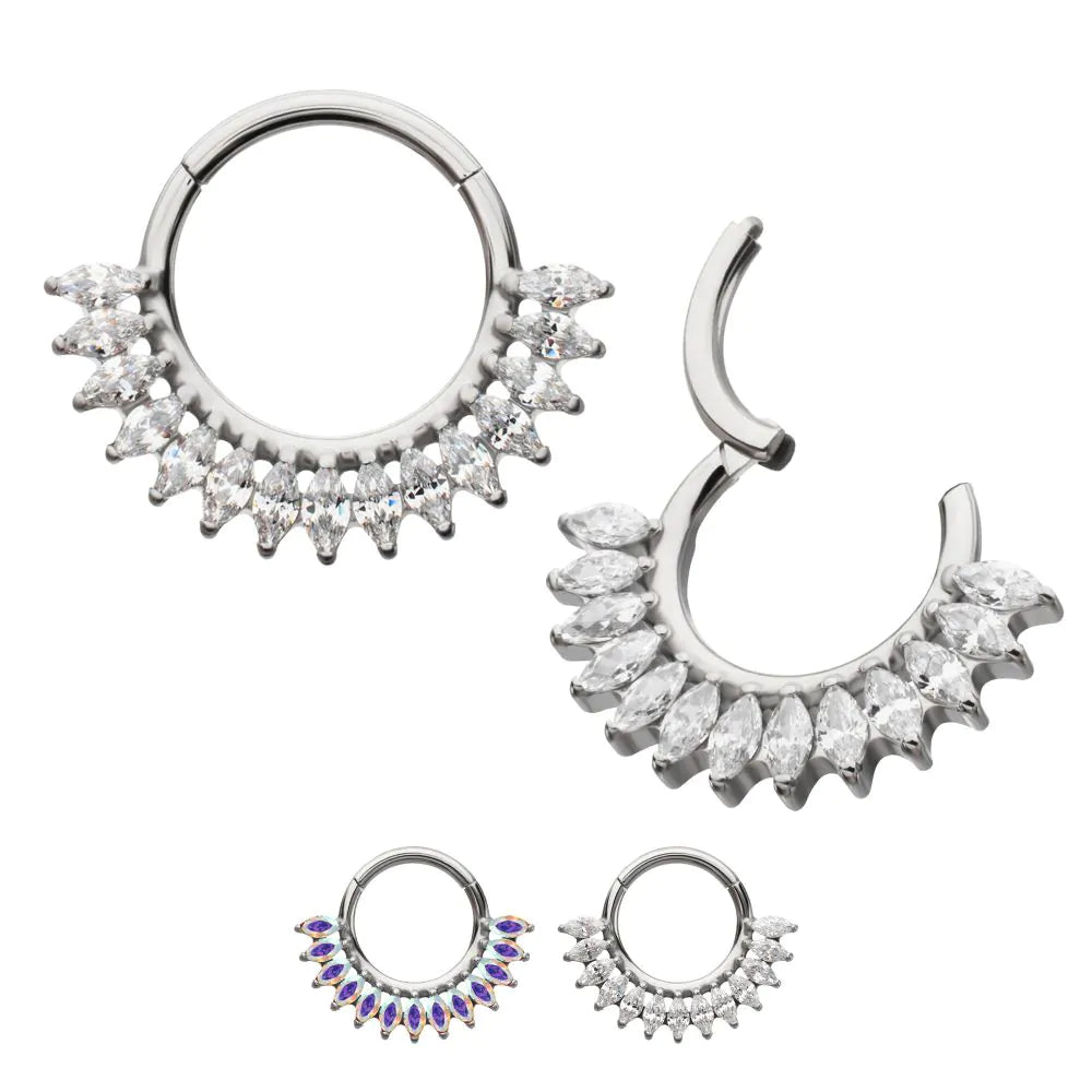 Titanium Prong Set Marquise Gem Cluster Fan Front Facing Hinged Segment Clicker