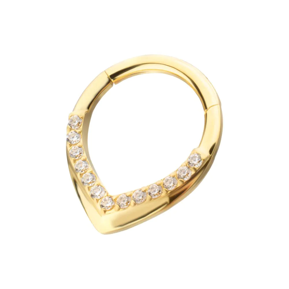 24Kt Gold PVD Titanium Pave Gem V-Shape Front Facing Hinged Segment Clicker
