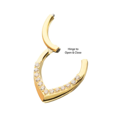 24Kt Gold PVD Titanium Pave Gem V-Shape Front Facing Hinged Segment Clicker