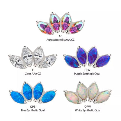 Titanium Threadless 4 Cluster Fan Shape Top with Prong Set Marquise CZ/Opal