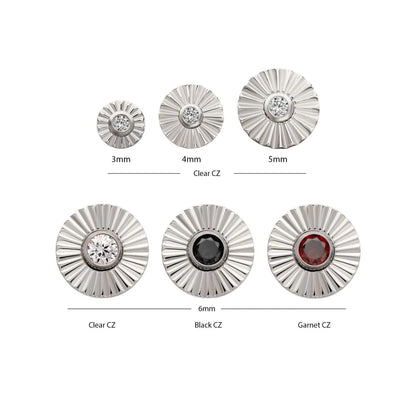 Titanium Threadless Radiant Corrugated Round with Bezel Gem Top