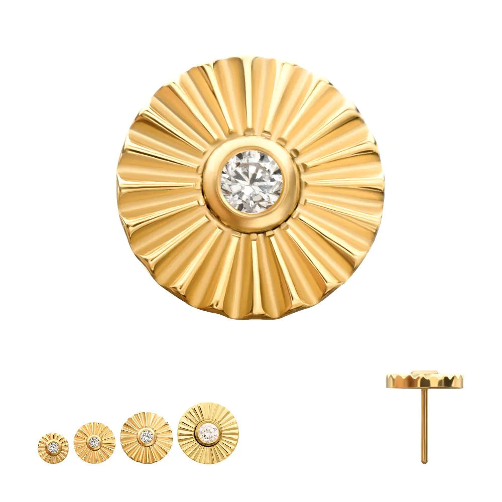 24Kt Gold PVD Titanium Threadless Radiant Corrugated Round with Bezel Gem Top