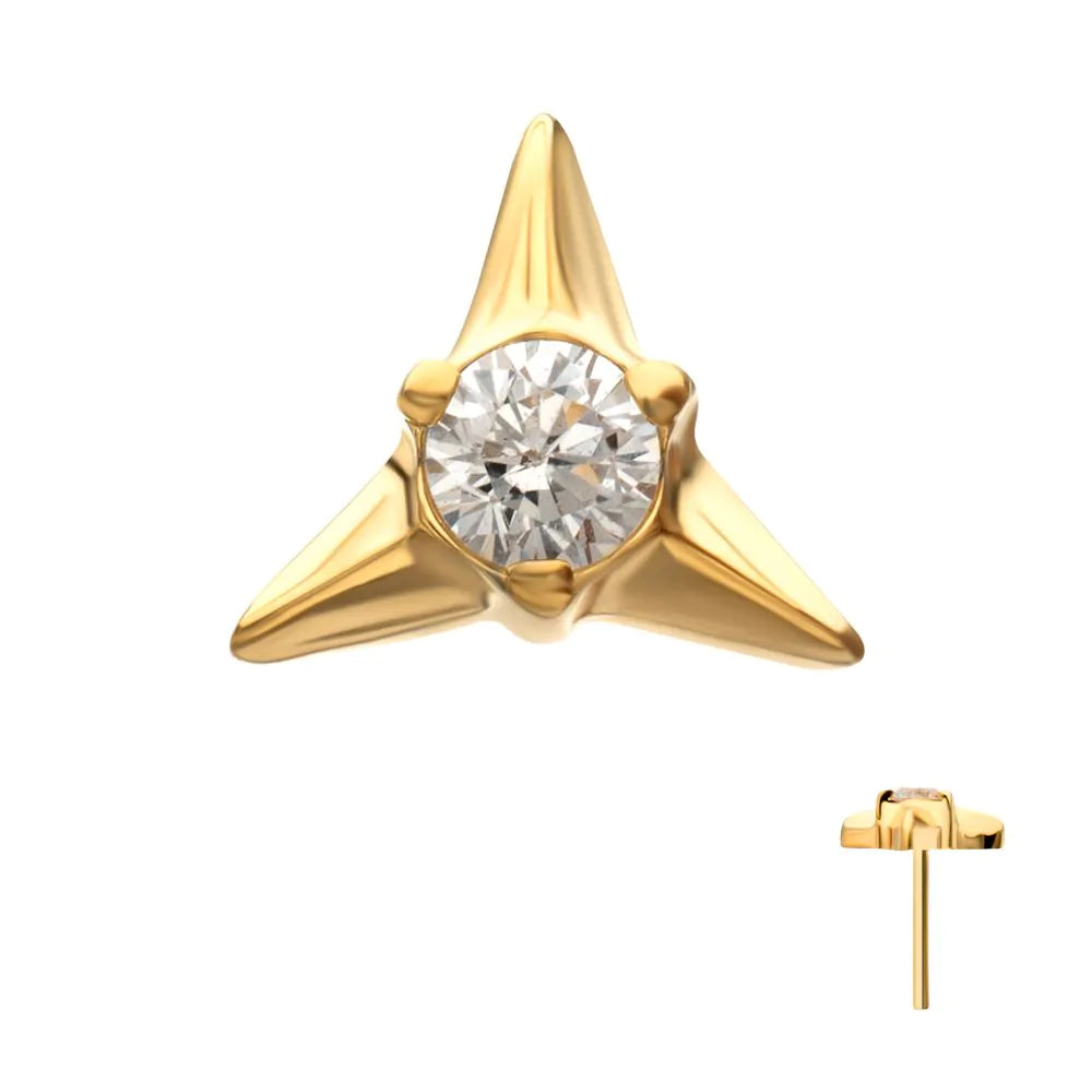 Triangular Pvd 24KT Gold PVD Titanium Threadless Triangle Shape Top with Prong Set Ge ...