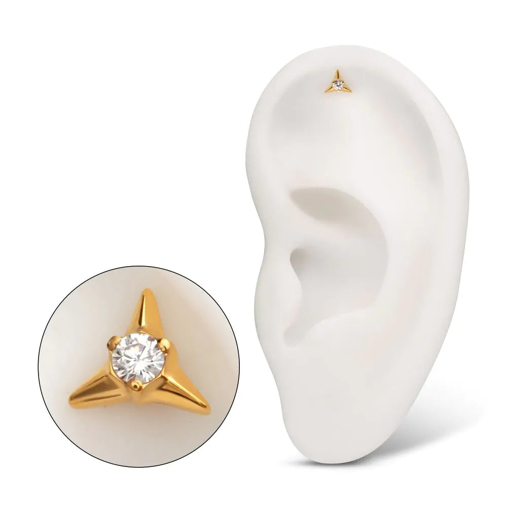 Triangular Pvd 24KT Gold PVD Titanium Threadless Triangle Shape Top with Prong Set Ge ...