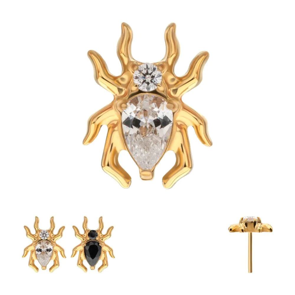 24KT Gold PVD Titanium Threadless Spider Top with Teardrop & Round Gem