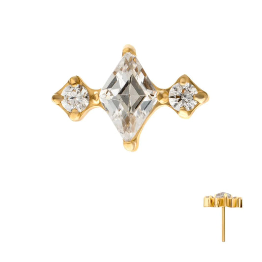 24KT Gold PVD Titanium Threadless 3-Cluster Top with Prong Set Round & Rhombus Gem