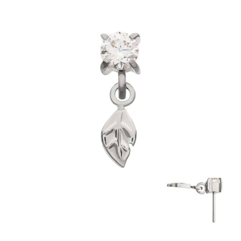 Titanium Threadless 4-Prong Set Gem Top with Leaf Dangle