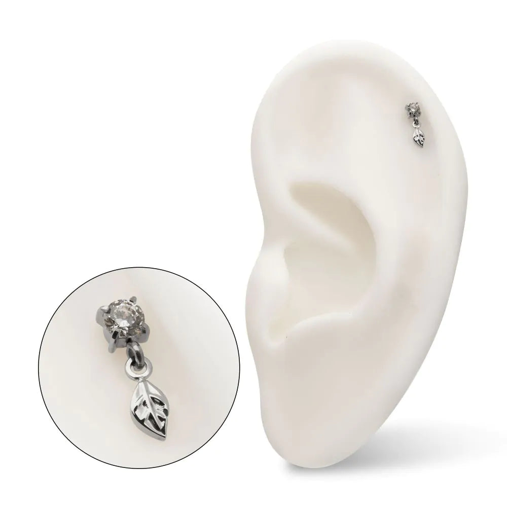 Titanium Threadless 4-Prong Set Gem Top with Leaf Dangle