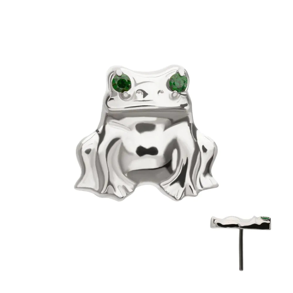 Titanium Threadless Prong Set Emerald Green Gem Frog Top