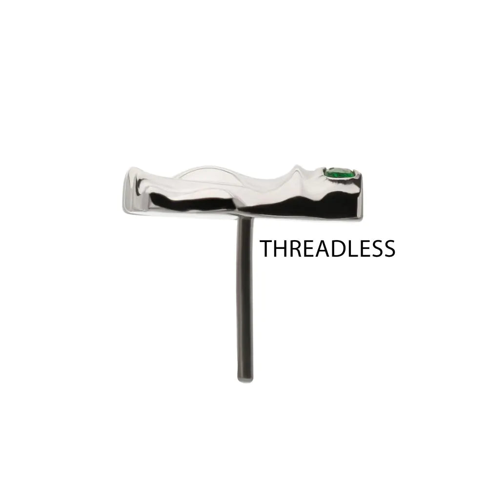 Titanium Threadless Prong Set Emerald Green Gem Frog Top