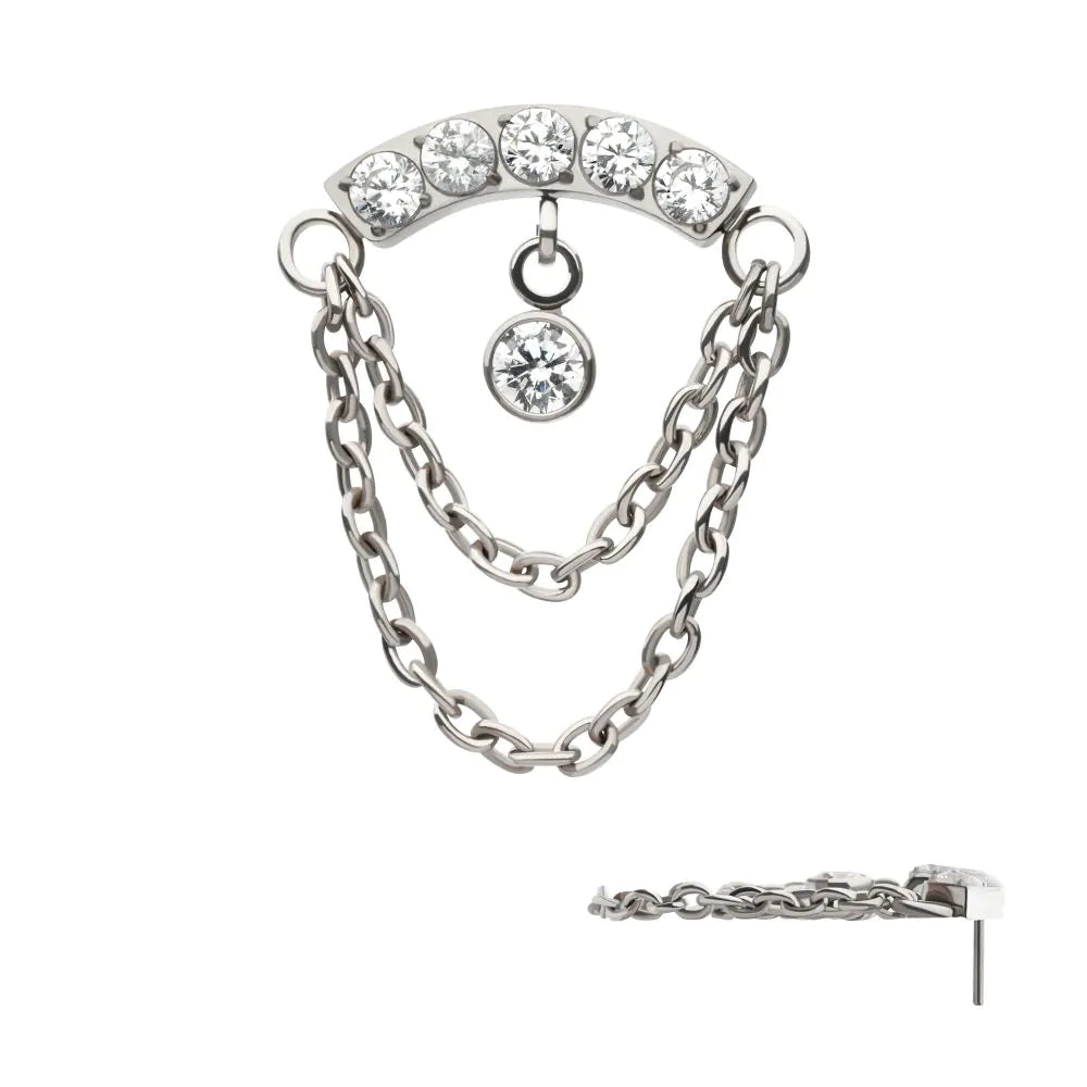 Titanium Threadless 2-Tier Dangle Chain Clustered CZ Curved Bar Top with Bezel Round CZ