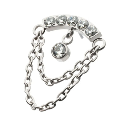 Titanium Threadless 2-Tier Dangle Chain Clustered CZ Curved Bar Top with Bezel Round CZ