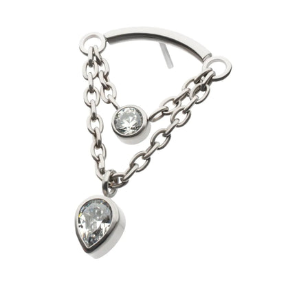 Titanium Threadless 2-Tier Dangle Chain Curved Bar Top with Bezel Round & Teadrop CZ