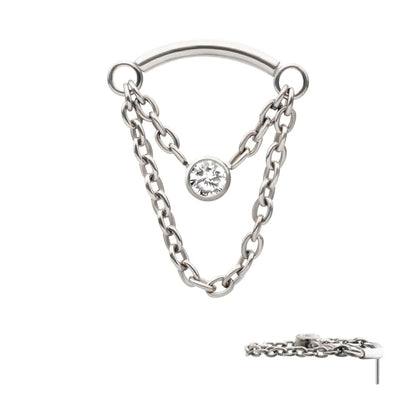 Titanium Threadless 2-Tier Dangle Chain Curved Bar Top with Bezel Round CZ