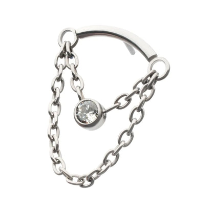 Titanium Threadless 2-Tier Dangle Chain Curved Bar Top with Bezel Round CZ