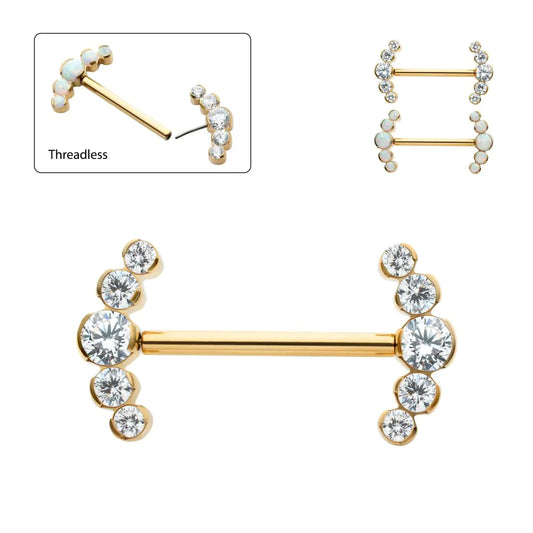 24Kt Gold PVD Titanium Semi-Bezel Set Round Gem/Opal 5-Cluster End Nipple Barbell (One Side Fixed, One Side Threadless ) | Sold by piece