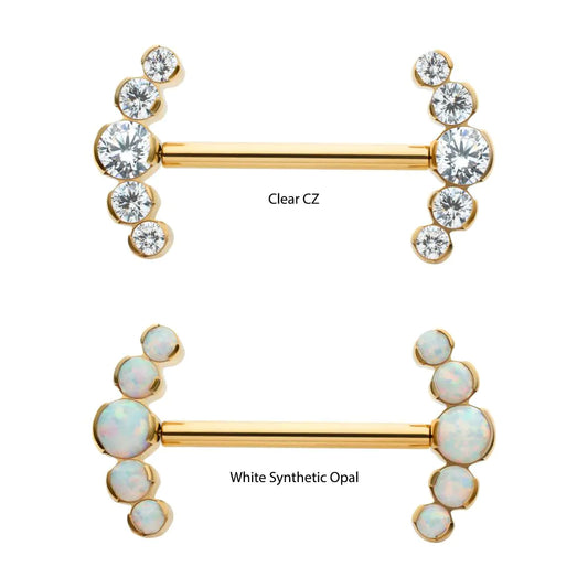 24Kt Gold PVD Titanium Semi-Bezel Set Round Gem/Opal 5-Cluster End Nipple Barbell (One Side Fixed, One Side Threadless ) | Sold by piece