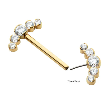 24Kt Gold PVD Titanium Semi-Bezel Set Round Gem/Opal 5-Cluster End Nipple Barbell (One Side Fixed, One Side Threadless ) | Sold by piece