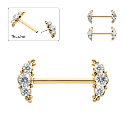 24Kt Gold PVD Titanium Beads and Semi-Bezel Set Round Gem/Opal 3-Cluster Ends Nipple Barbell (One Side Fixed, One Side Threadless ) | Sold by piece
