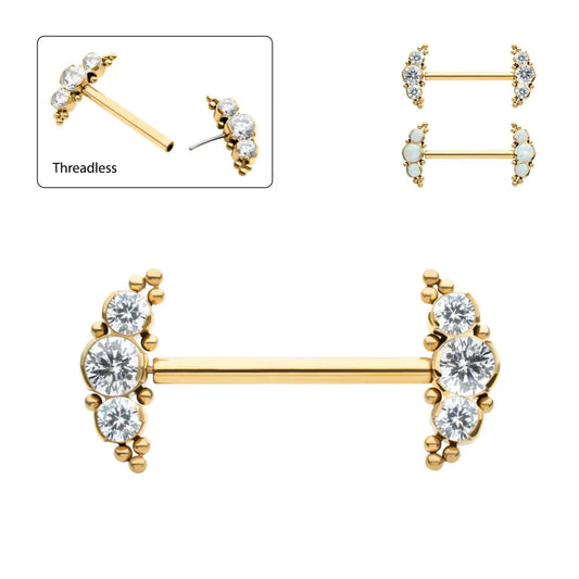 24Kt Gold PVD Titanium Beads and Semi-Bezel Set Round Gem/Opal 3-Cluster Ends Nipple Barbell (One Side Fixed, One Side Threadless ) | Sold by piece