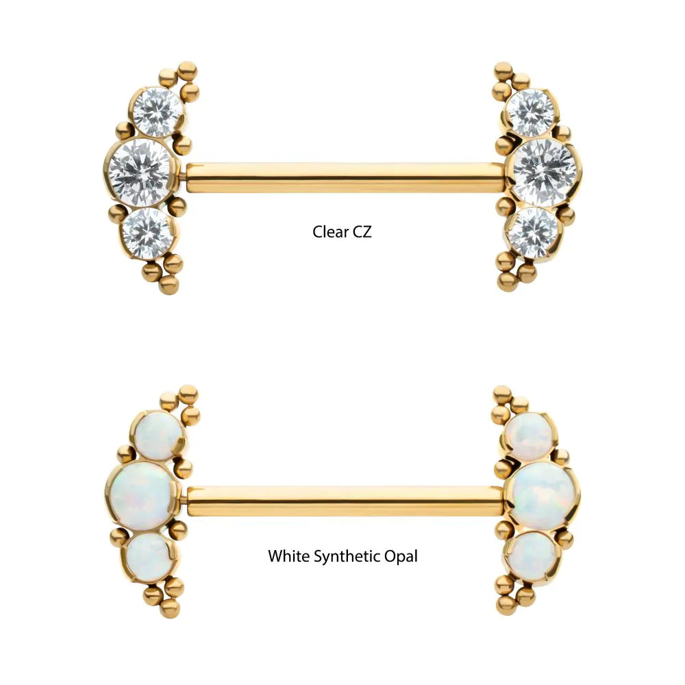 24Kt Gold PVD Titanium Beads and Semi-Bezel Set Round Gem/Opal 3-Cluster Ends Nipple Barbell (One Side Fixed, One Side Threadless ) | Sold by piece