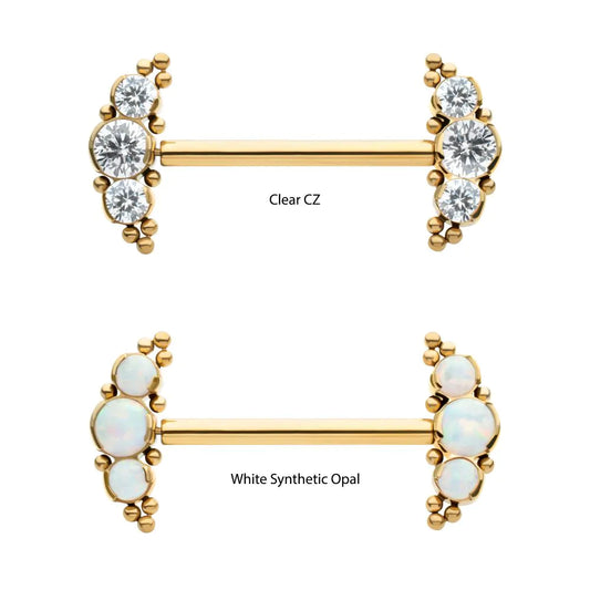 24Kt Gold PVD Titanium Beads and Semi-Bezel Set Round Gem/Opal 3-Cluster Ends Nipple Barbell (One Side Fixed, One Side Threadless ) | Sold by piece