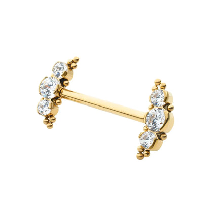 24Kt Gold PVD Titanium Beads and Semi-Bezel Set Round Gem/Opal 3-Cluster Ends Nipple Barbell (One Side Fixed, One Side Threadless ) | Sold by piece