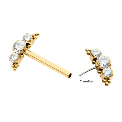 24Kt Gold PVD Titanium Beads and Semi-Bezel Set Round Gem/Opal 3-Cluster Ends Nipple Barbell (One Side Fixed, One Side Threadless ) | Sold by piece