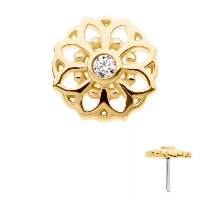 14Kt Yellow Gold Threadlesss with CZ Mandala Flower Top