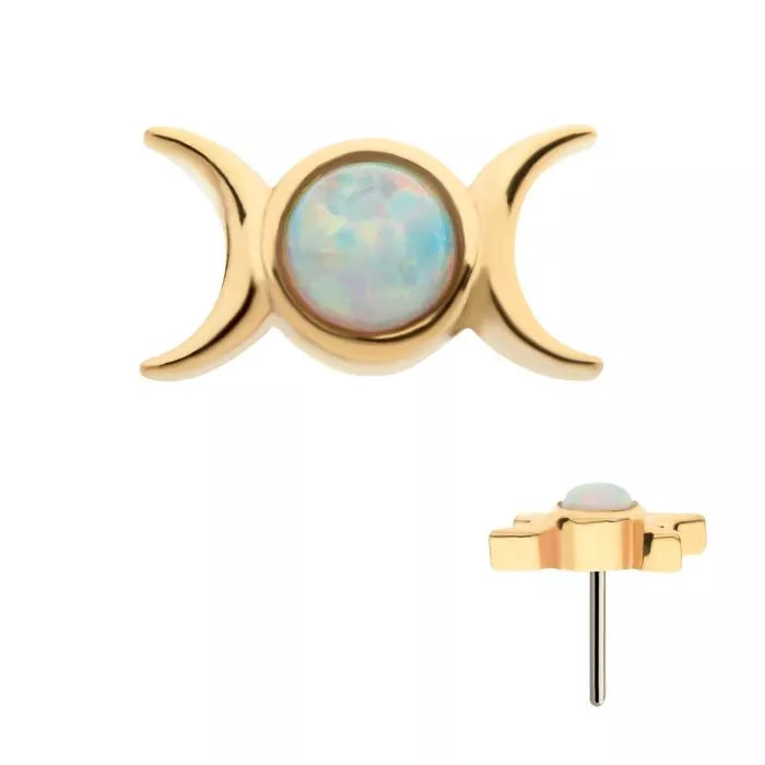 14Kt Yellow Gold Threadless with Bezel Set White Opal Triple Goddess Moon Top