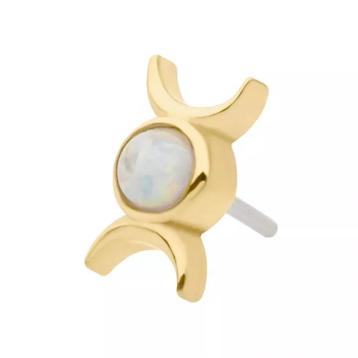 14Kt Yellow Gold Threadless with Bezel Set White Opal Triple Goddess Moon Top