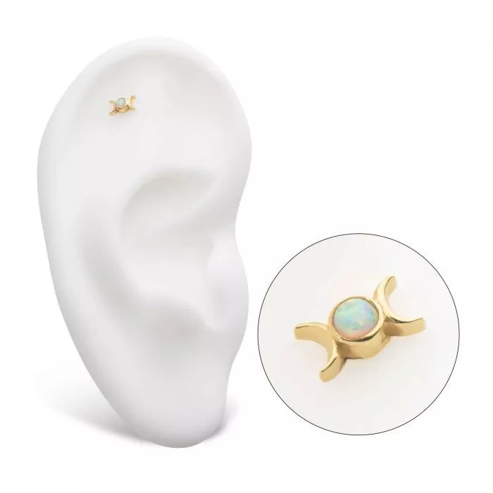 14Kt Yellow Gold Threadless with Bezel Set White Opal Triple Goddess Moon Top