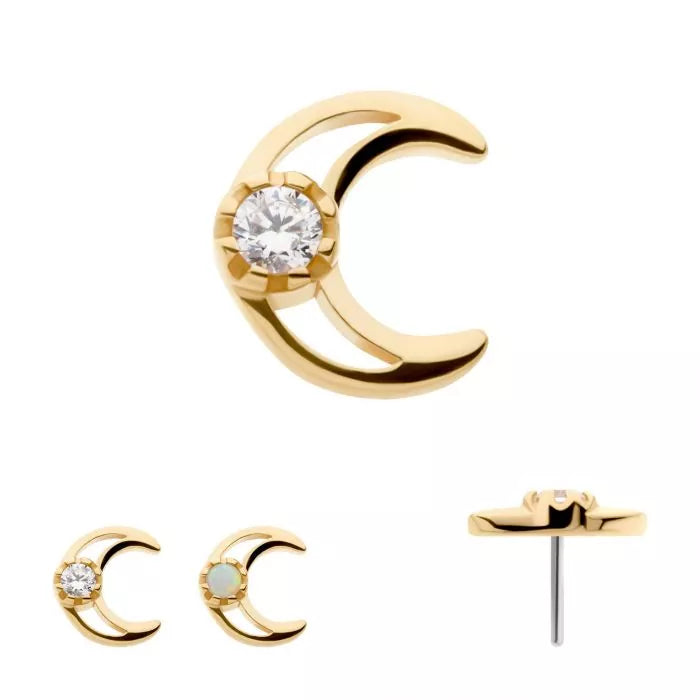 14Kt Yellow Gold Threadless with CZ/Opal Crescent Moon Top