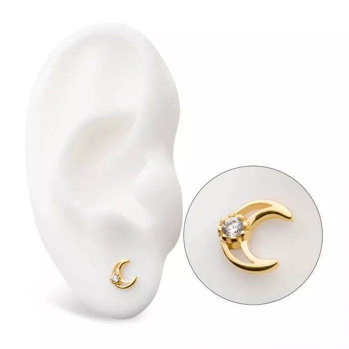 14Kt Yellow Gold Threadless with CZ/Opal Crescent Moon Top